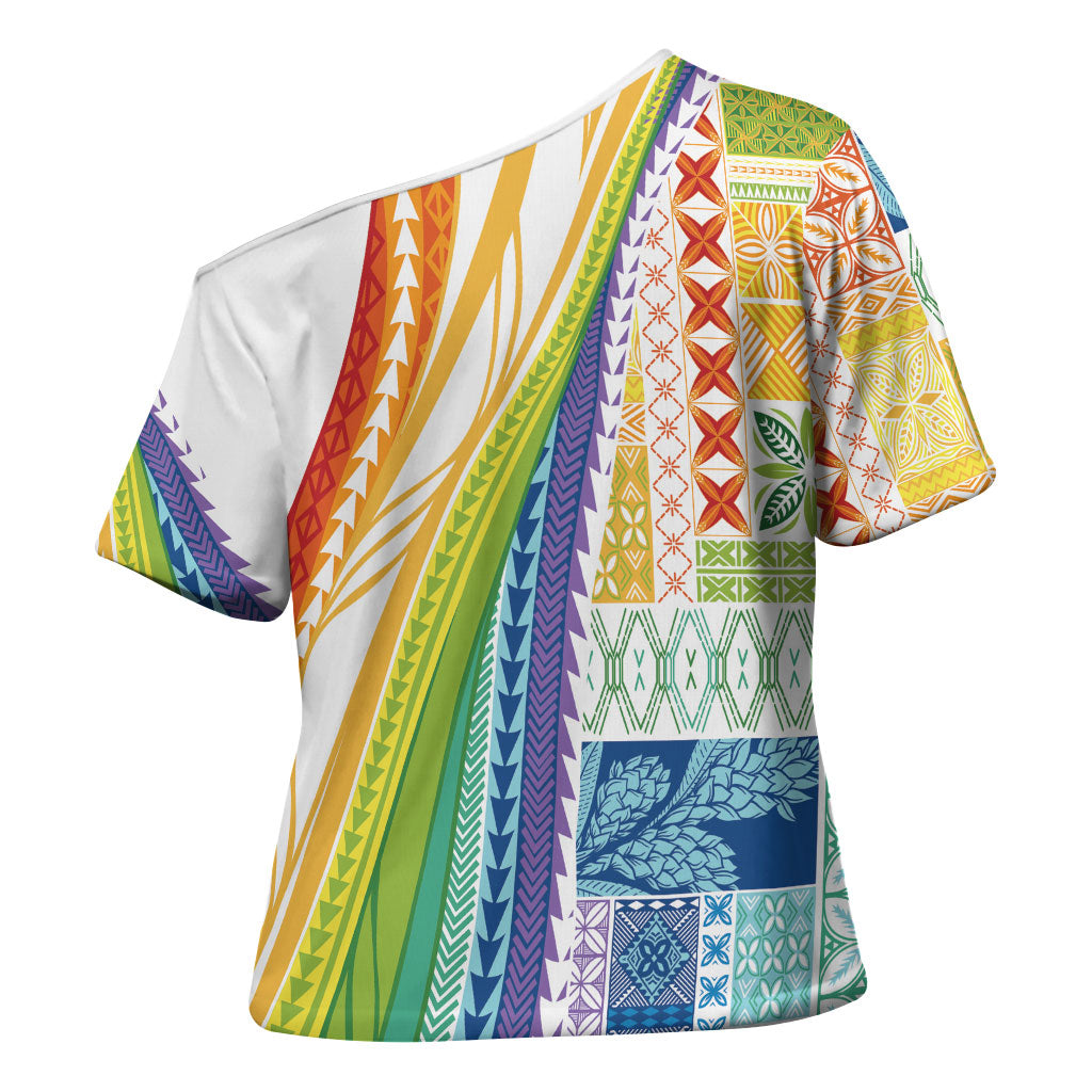 Pasifika Samoa Siapo Malu Tattoo Inspired Cross Shoulder Shirt Fa'afafine Rainbow Theme LT7 - Polynesian Pride