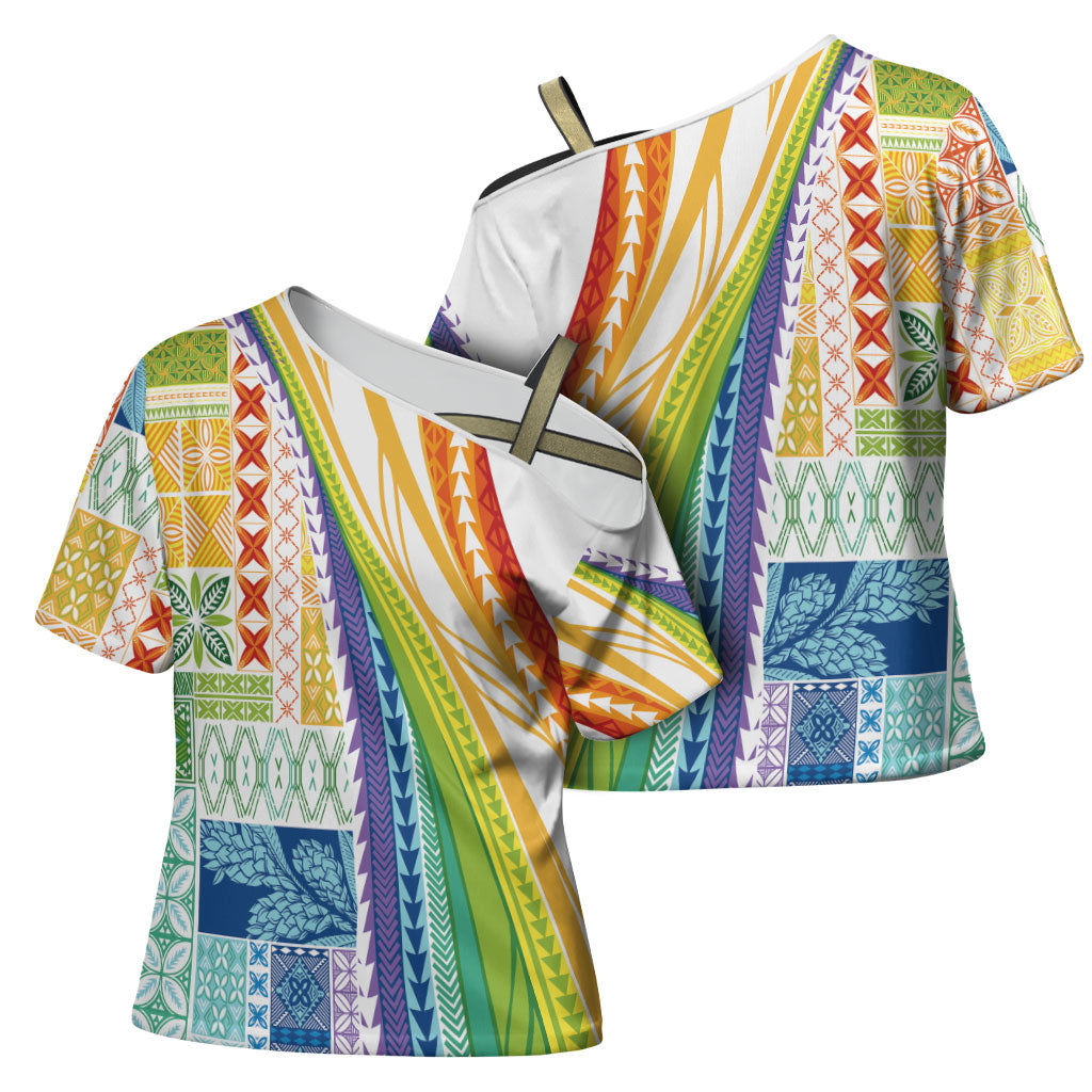 Pasifika Samoa Siapo Malu Tattoo Inspired Cross Shoulder Shirt Fa'afafine Rainbow Theme LT7 - Polynesian Pride