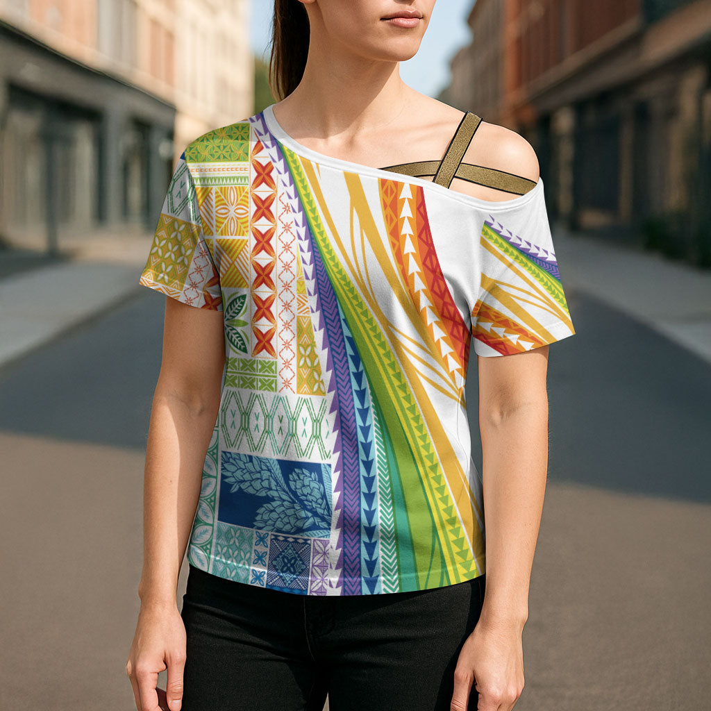 Pasifika Samoa Siapo Malu Tattoo Inspired Cross Shoulder Shirt Fa'afafine Rainbow Theme LT7 - Polynesian Pride