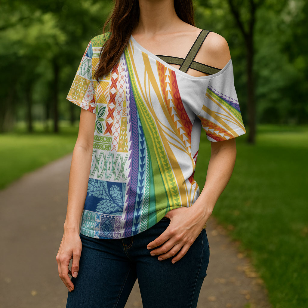 Pasifika Samoa Siapo Malu Tattoo Inspired Cross Shoulder Shirt Fa'afafine Rainbow Theme LT7 - Polynesian Pride