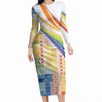 Pasifika Samoa Siapo Malu Tattoo Inspired Long Sleeve Bodycon Dress Fa'afafine Rainbow Theme LT7 Long Dress Multicolor - Polynesian Pride