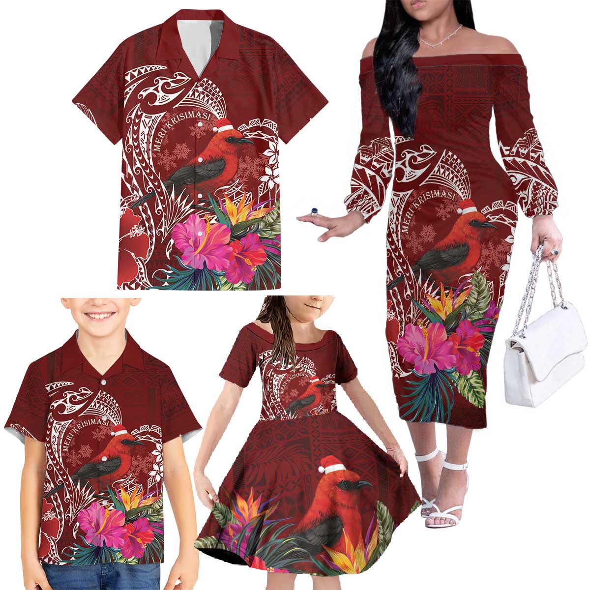 Personalized Samoa Meri Krisimasi Family Matching Off The Shoulder Long Sleeve Dress and Hawaiian Shirt Segasegamau'u Mix Siapo LT7 - Polynesian Pride