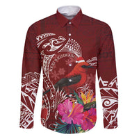 Personalized Samoa Meri Krisimasi Family Matching Off Shoulder Maxi Dress and Hawaiian Shirt Segasegamau'u Mix Siapo LT7 Dad's Shirt - Long Sleeve Red - Polynesian Pride