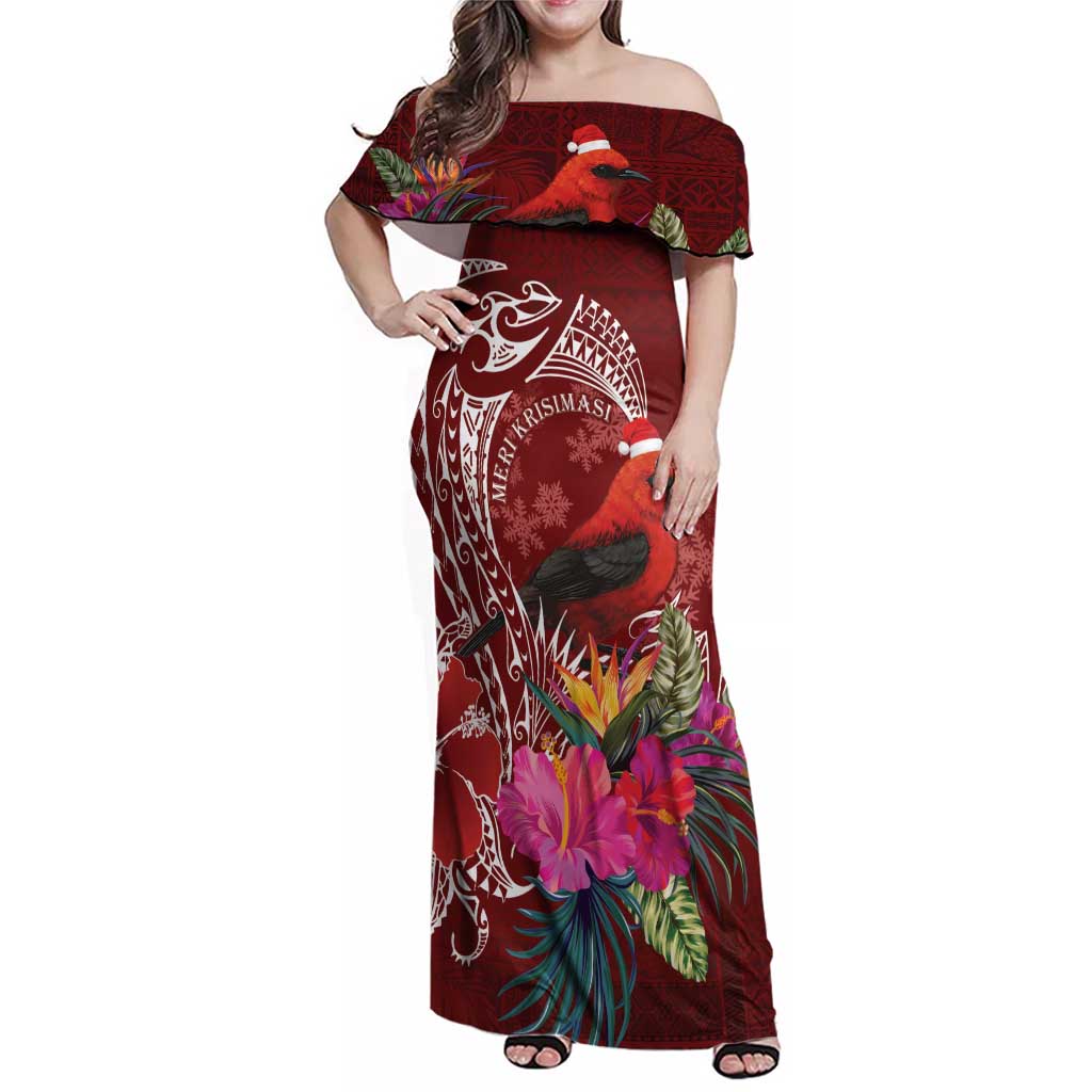 Personalized Samoa Meri Krisimasi Family Matching Off Shoulder Maxi Dress and Hawaiian Shirt Segasegamau'u Mix Siapo LT7 Mom's Dress Red - Polynesian Pride