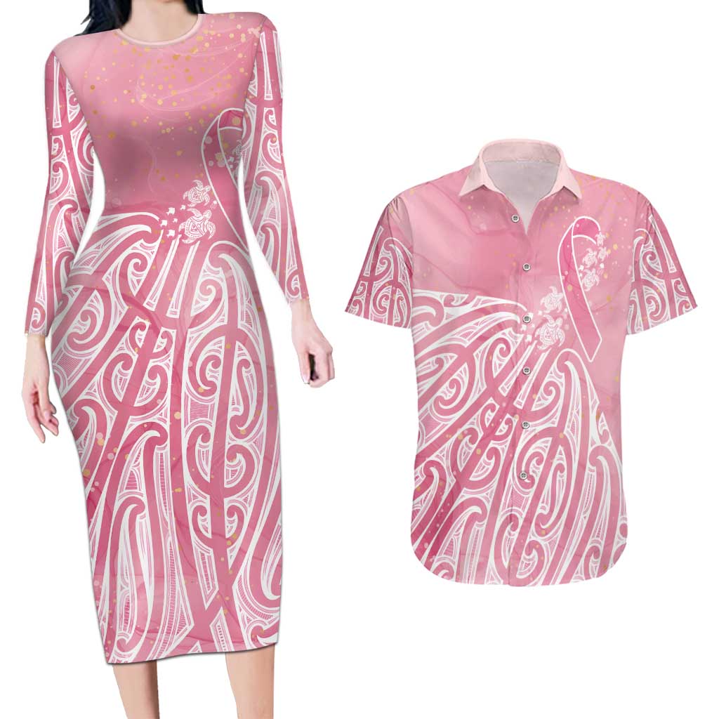 Breast Cancer Awareness Maori Couples Matching Long Sleeve Bodycon Dress and Hawaiian Shirt Kia Kaha Kia Maia Kia Manawanui LT7 Pink - Polynesian Pride