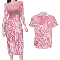 Breast Cancer Awareness Maori Couples Matching Long Sleeve Bodycon Dress and Hawaiian Shirt Kia Kaha Kia Maia Kia Manawanui LT7 Pink - Polynesian Pride