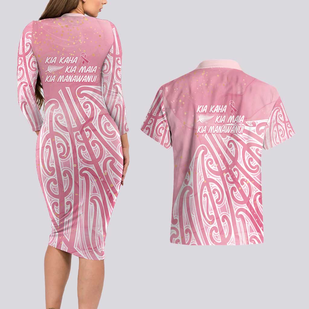 Breast Cancer Awareness Maori Couples Matching Long Sleeve Bodycon Dress and Hawaiian Shirt Kia Kaha Kia Maia Kia Manawanui LT7 - Polynesian Pride