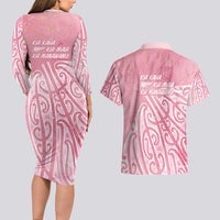 Breast Cancer Awareness Maori Couples Matching Long Sleeve Bodycon Dress and Hawaiian Shirt Kia Kaha Kia Maia Kia Manawanui LT7 - Polynesian Pride