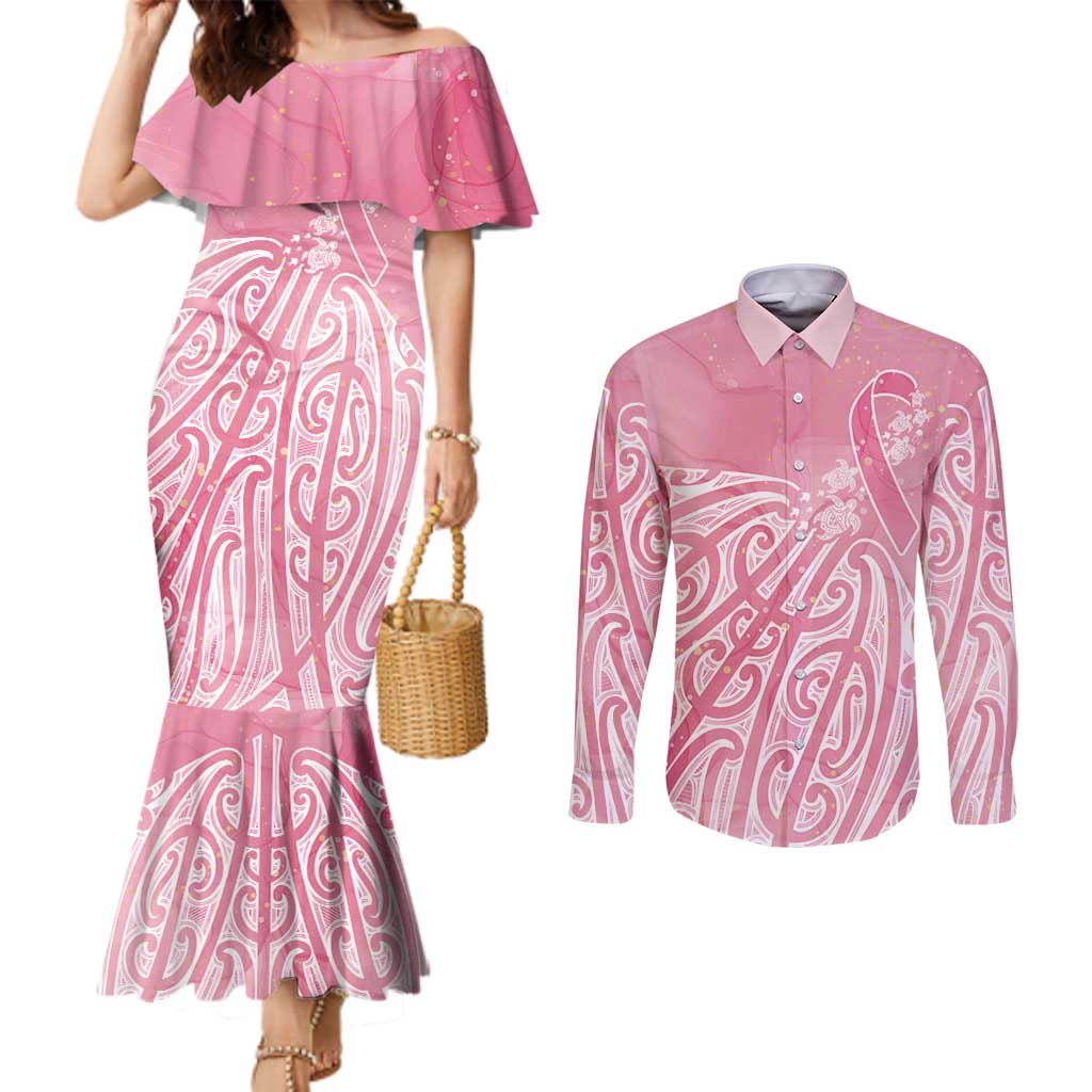 Breast Cancer Awareness Maori Couples Matching Mermaid Dress and Long Sleeve Button Shirt Kia Kaha Kia Maia Kia Manawanui LT7 Pink - Polynesian Pride