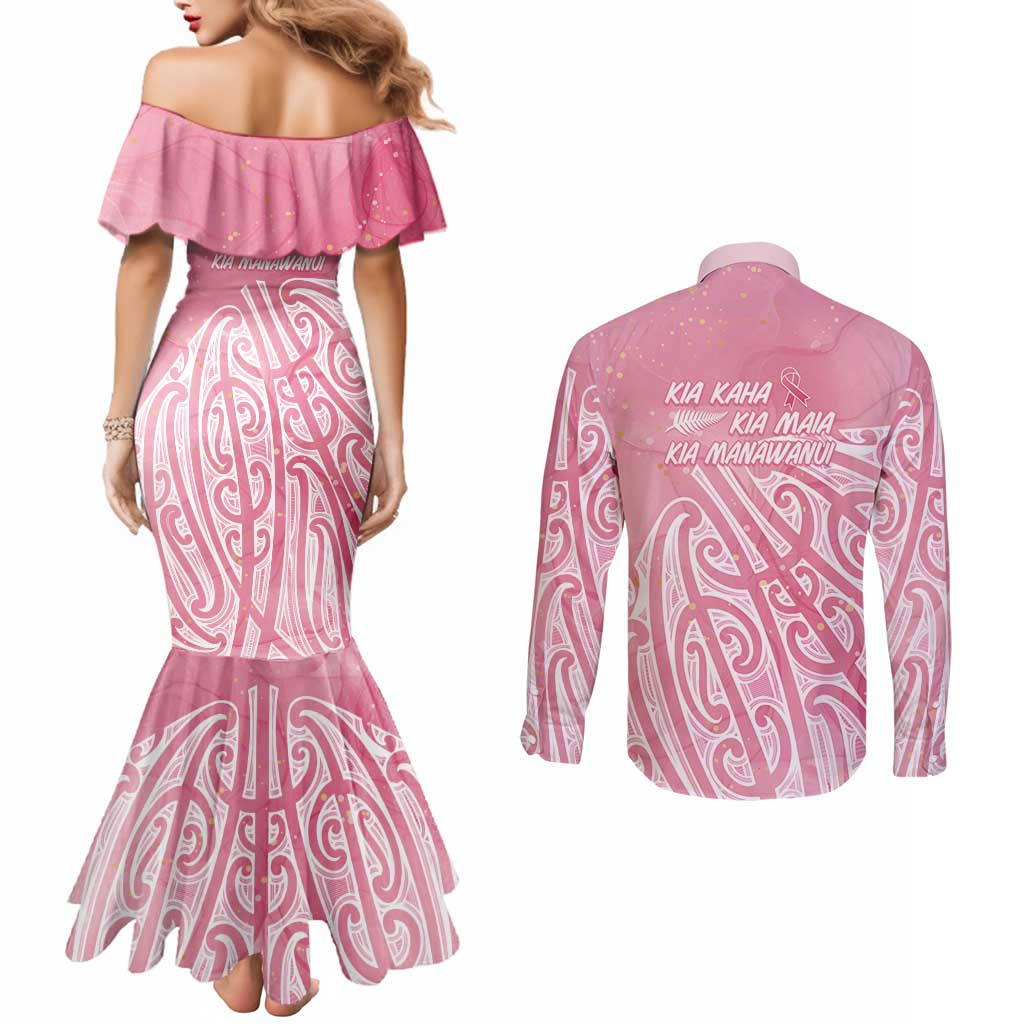 Breast Cancer Awareness Maori Couples Matching Mermaid Dress and Long Sleeve Button Shirt Kia Kaha Kia Maia Kia Manawanui LT7 - Polynesian Pride