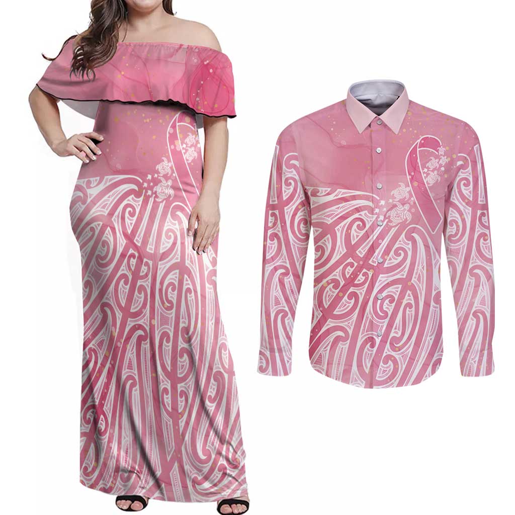 Breast Cancer Awareness Maori Couples Matching Off Shoulder Maxi Dress and Long Sleeve Button Shirt Kia Kaha Kia Maia Kia Manawanui LT7 Pink - Polynesian Pride