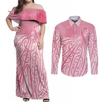 Breast Cancer Awareness Maori Couples Matching Off Shoulder Maxi Dress and Long Sleeve Button Shirt Kia Kaha Kia Maia Kia Manawanui LT7 Pink - Polynesian Pride