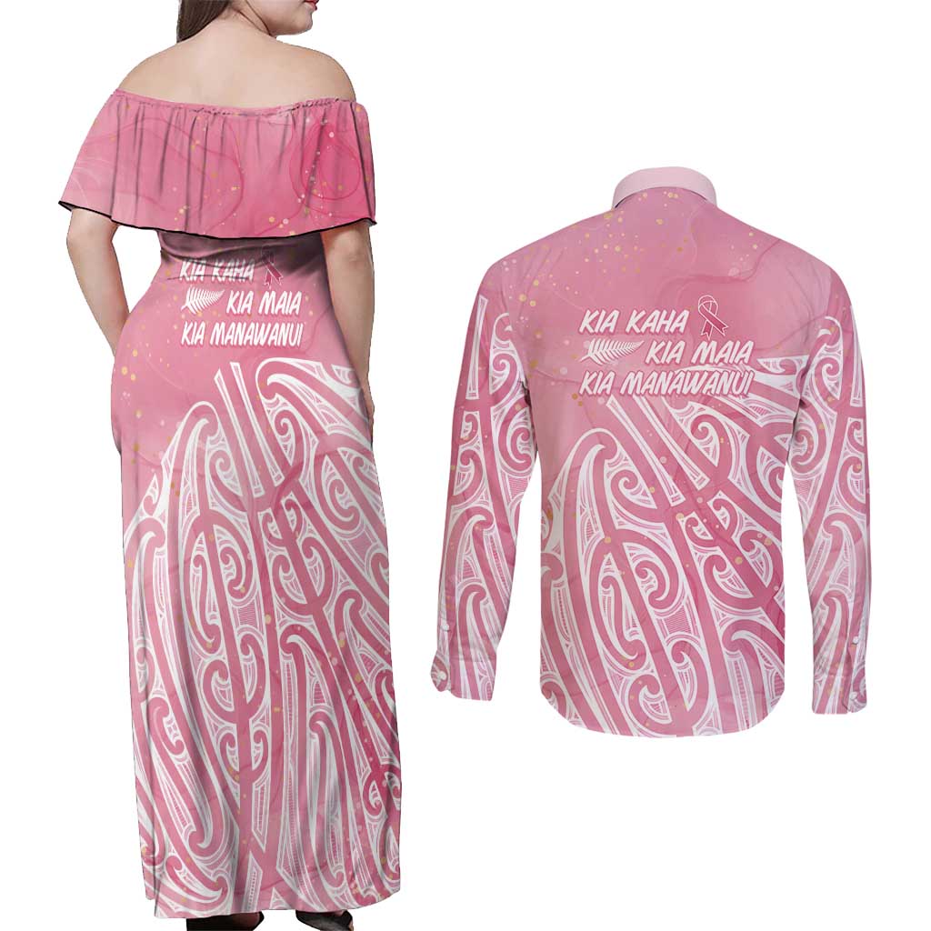 Breast Cancer Awareness Maori Couples Matching Off Shoulder Maxi Dress and Long Sleeve Button Shirt Kia Kaha Kia Maia Kia Manawanui LT7 - Polynesian Pride