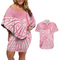Breast Cancer Awareness Maori Couples Matching Off Shoulder Short Dress and Hawaiian Shirt Kia Kaha Kia Maia Kia Manawanui LT7 Pink - Polynesian Pride