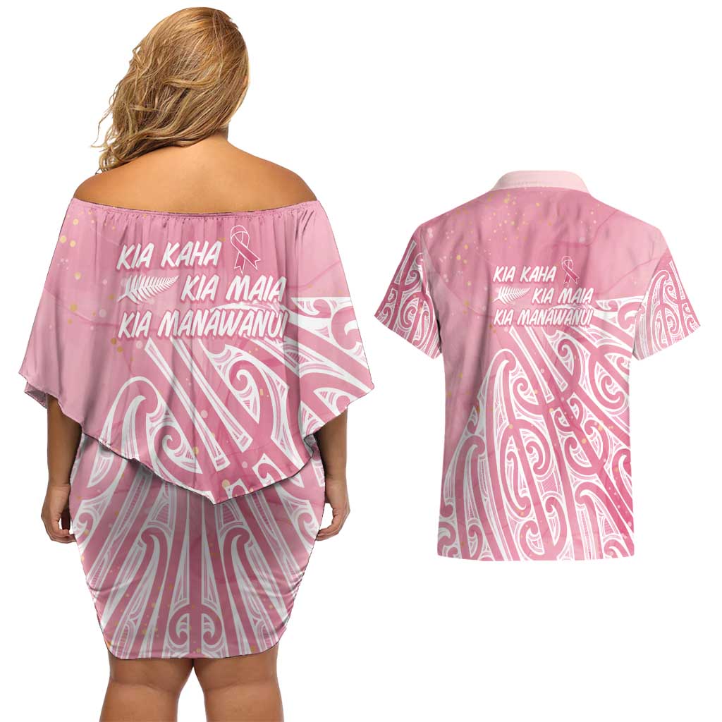 Breast Cancer Awareness Maori Couples Matching Off Shoulder Short Dress and Hawaiian Shirt Kia Kaha Kia Maia Kia Manawanui LT7 - Polynesian Pride