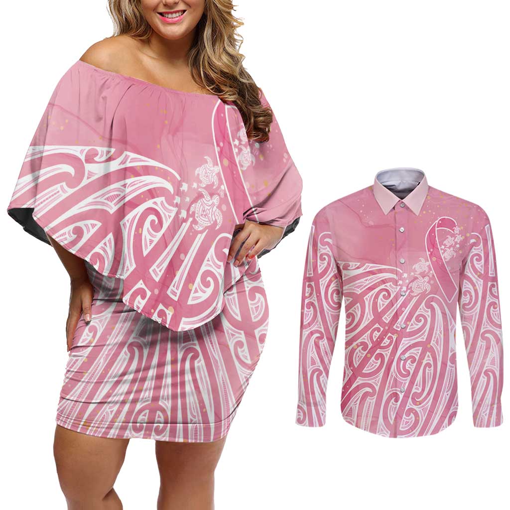 Breast Cancer Awareness Maori Couples Matching Off Shoulder Short Dress and Long Sleeve Button Shirt Kia Kaha Kia Maia Kia Manawanui LT7 Pink - Polynesian Pride