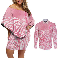 Breast Cancer Awareness Maori Couples Matching Off Shoulder Short Dress and Long Sleeve Button Shirt Kia Kaha Kia Maia Kia Manawanui LT7 Pink - Polynesian Pride