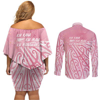 Breast Cancer Awareness Maori Couples Matching Off Shoulder Short Dress and Long Sleeve Button Shirt Kia Kaha Kia Maia Kia Manawanui LT7 - Polynesian Pride