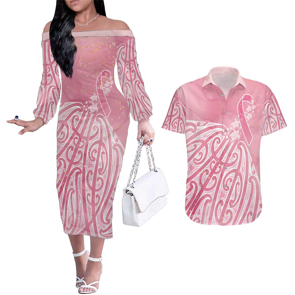 Breast Cancer Awareness Maori Couples Matching Off The Shoulder Long Sleeve Dress and Hawaiian Shirt Kia Kaha Kia Maia Kia Manawanui LT7 Pink - Polynesian Pride
