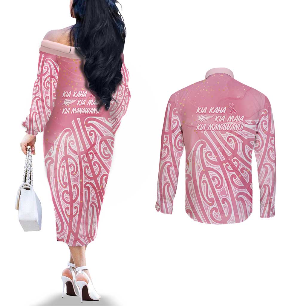 Breast Cancer Awareness Maori Couples Matching Off The Shoulder Long Sleeve Dress and Long Sleeve Button Shirt Kia Kaha Kia Maia Kia Manawanui LT7 - Polynesian Pride
