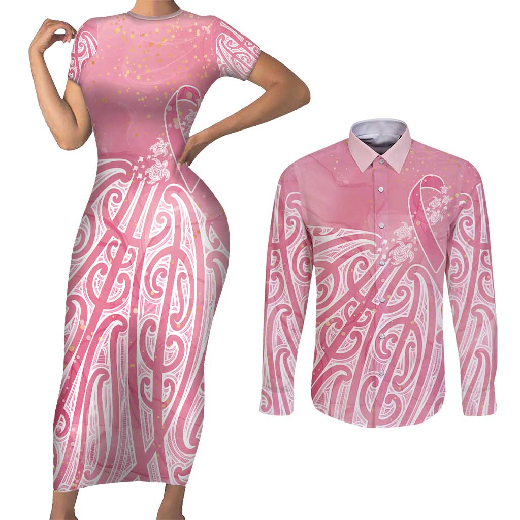 Breast Cancer Awareness Maori Couples Matching Short Sleeve Bodycon Dress and Long Sleeve Button Shirt Kia Kaha Kia Maia Kia Manawanui LT7 Pink - Polynesian Pride