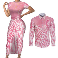 Breast Cancer Awareness Maori Couples Matching Short Sleeve Bodycon Dress and Long Sleeve Button Shirt Kia Kaha Kia Maia Kia Manawanui LT7 Pink - Polynesian Pride