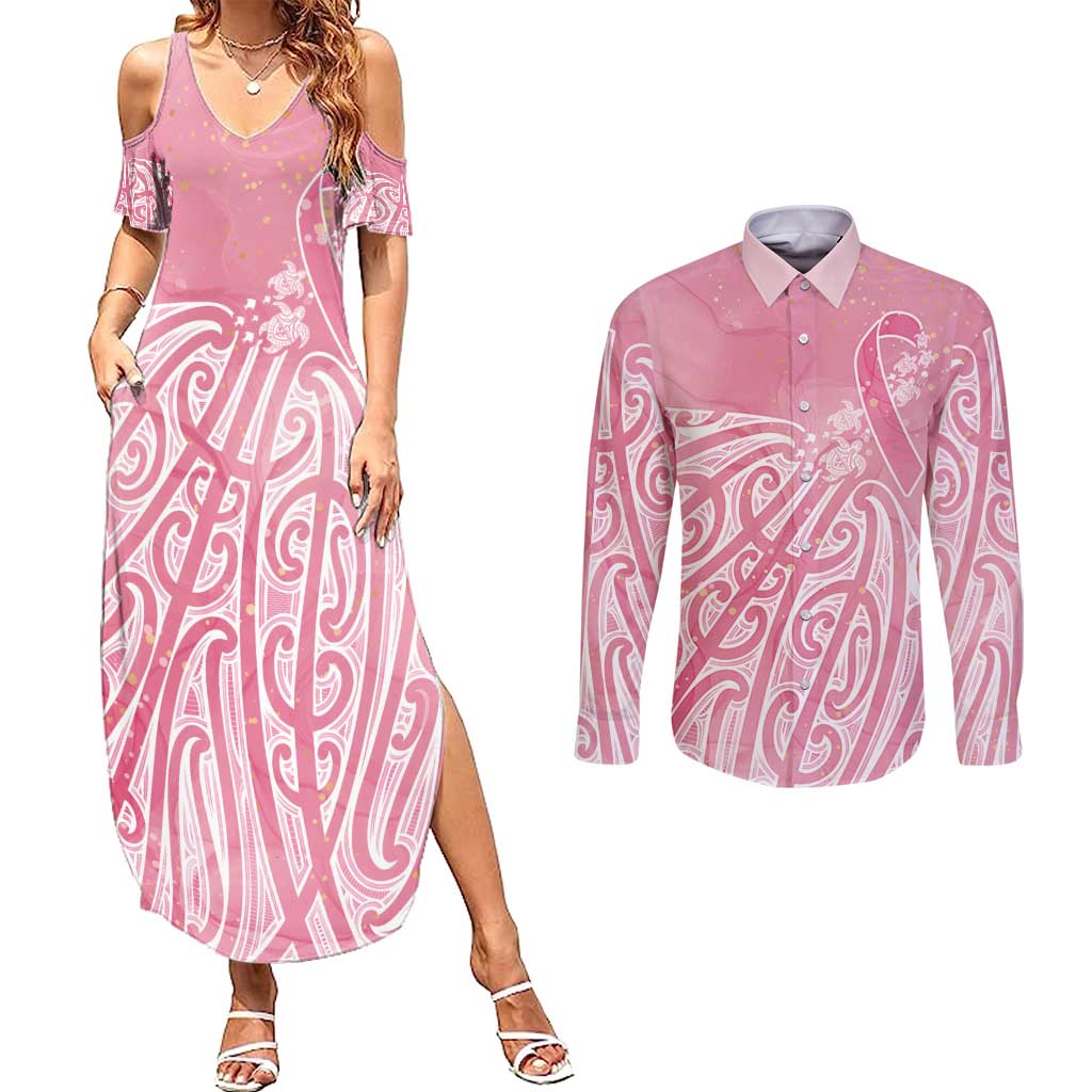 Breast Cancer Awareness Maori Couples Matching Summer Maxi Dress and Long Sleeve Button Shirt Kia Kaha Kia Maia Kia Manawanui LT7 Pink - Polynesian Pride