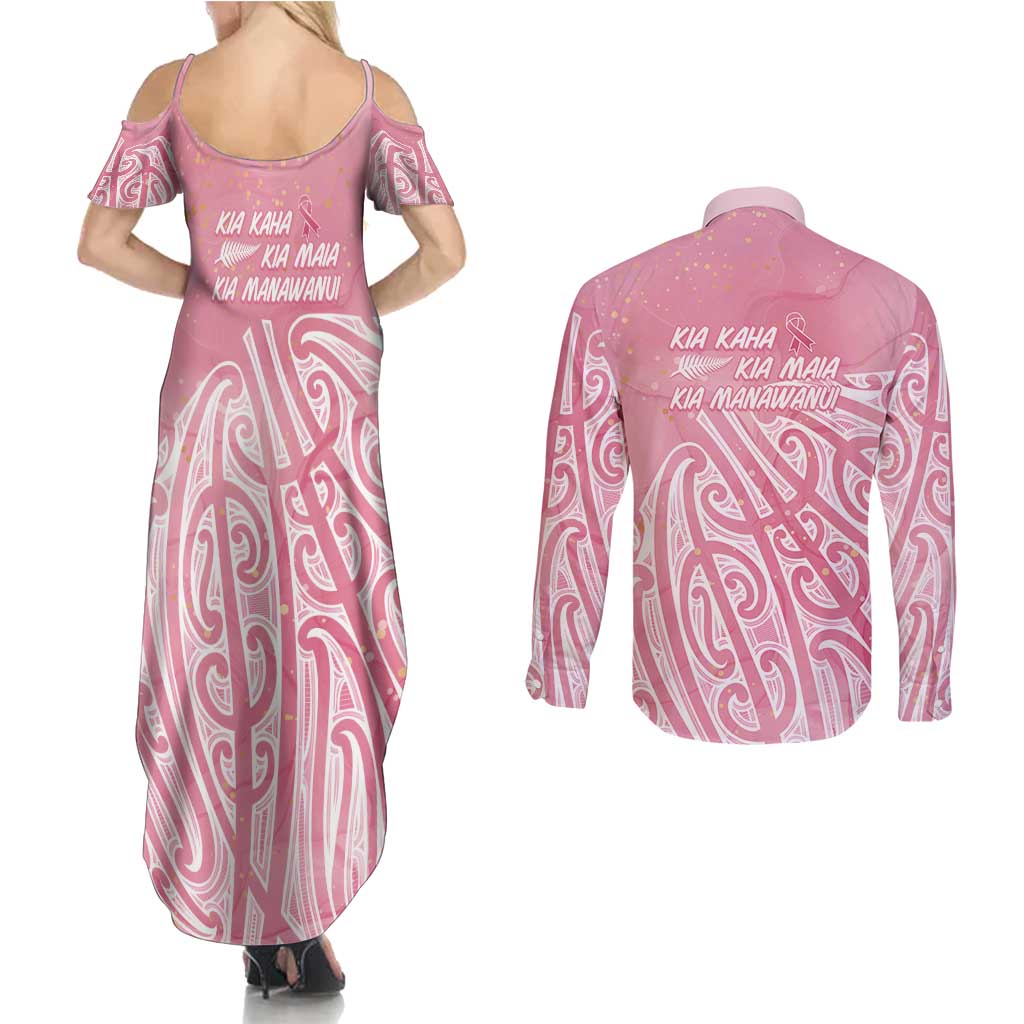 Breast Cancer Awareness Maori Couples Matching Summer Maxi Dress and Long Sleeve Button Shirt Kia Kaha Kia Maia Kia Manawanui LT7 - Polynesian Pride