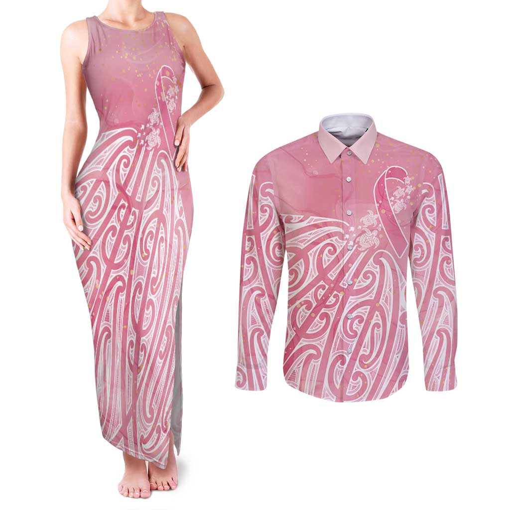 Breast Cancer Awareness Maori Couples Matching Tank Maxi Dress and Long Sleeve Button Shirt Kia Kaha Kia Maia Kia Manawanui LT7 Pink - Polynesian Pride