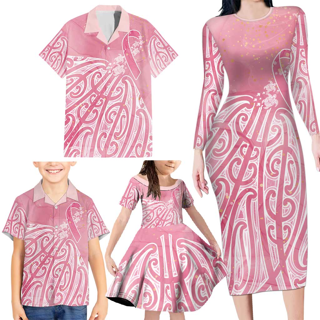 Breast Cancer Awareness Maori Family Matching Long Sleeve Bodycon Dress and Hawaiian Shirt Kia Kaha Kia Maia Kia Manawanui LT7 - Polynesian Pride