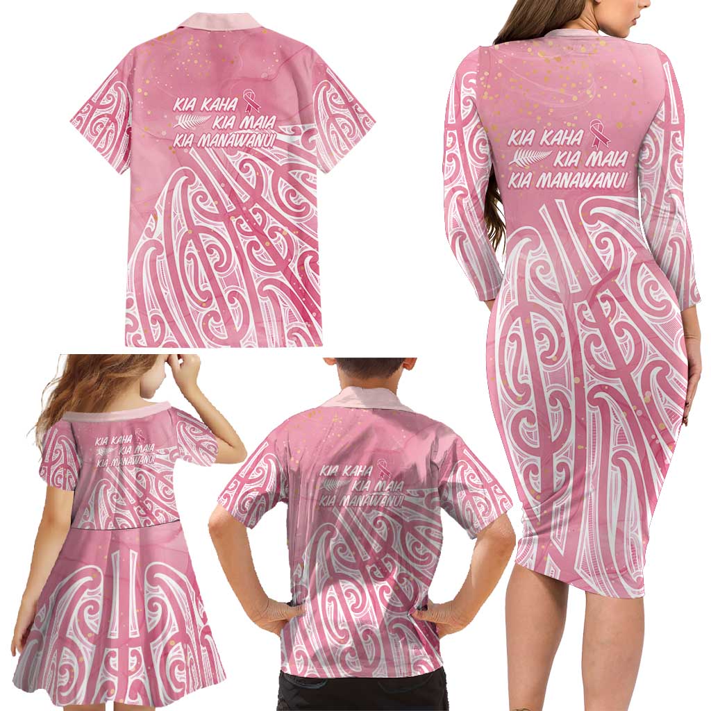 Breast Cancer Awareness Maori Family Matching Long Sleeve Bodycon Dress and Hawaiian Shirt Kia Kaha Kia Maia Kia Manawanui LT7 - Polynesian Pride