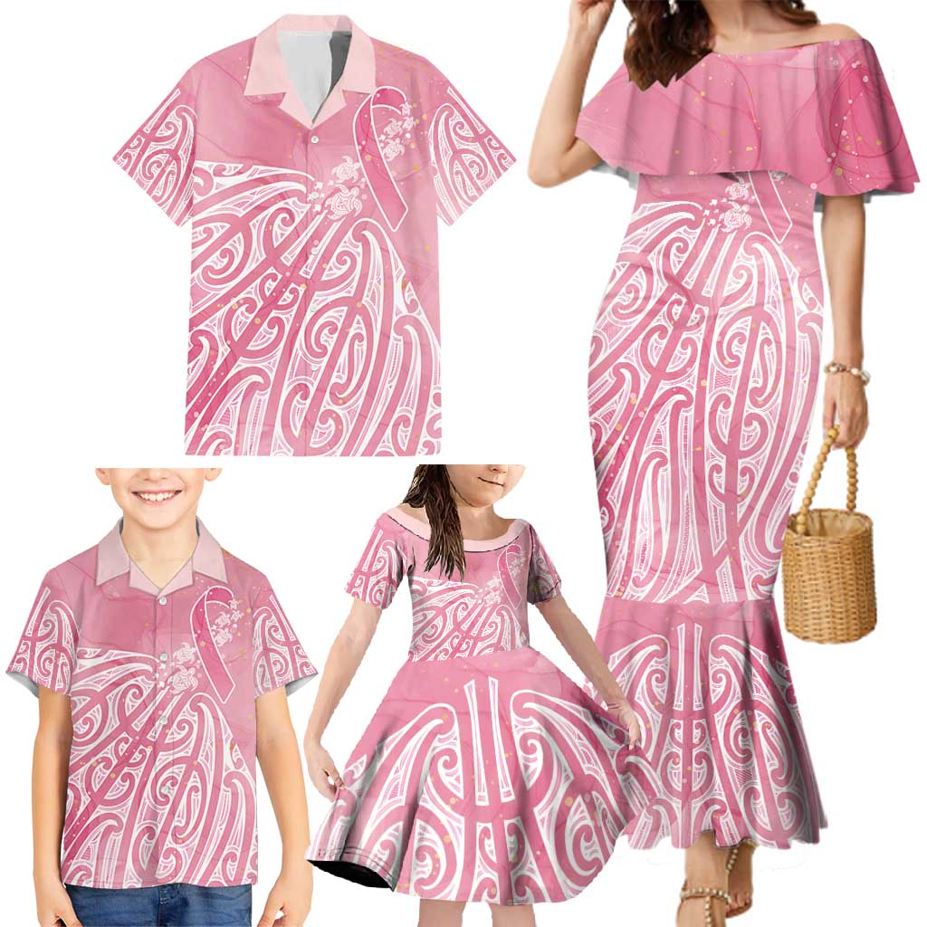 Breast Cancer Awareness Maori Family Matching Mermaid Dress and Hawaiian Shirt Kia Kaha Kia Maia Kia Manawanui - Polynesian Pride