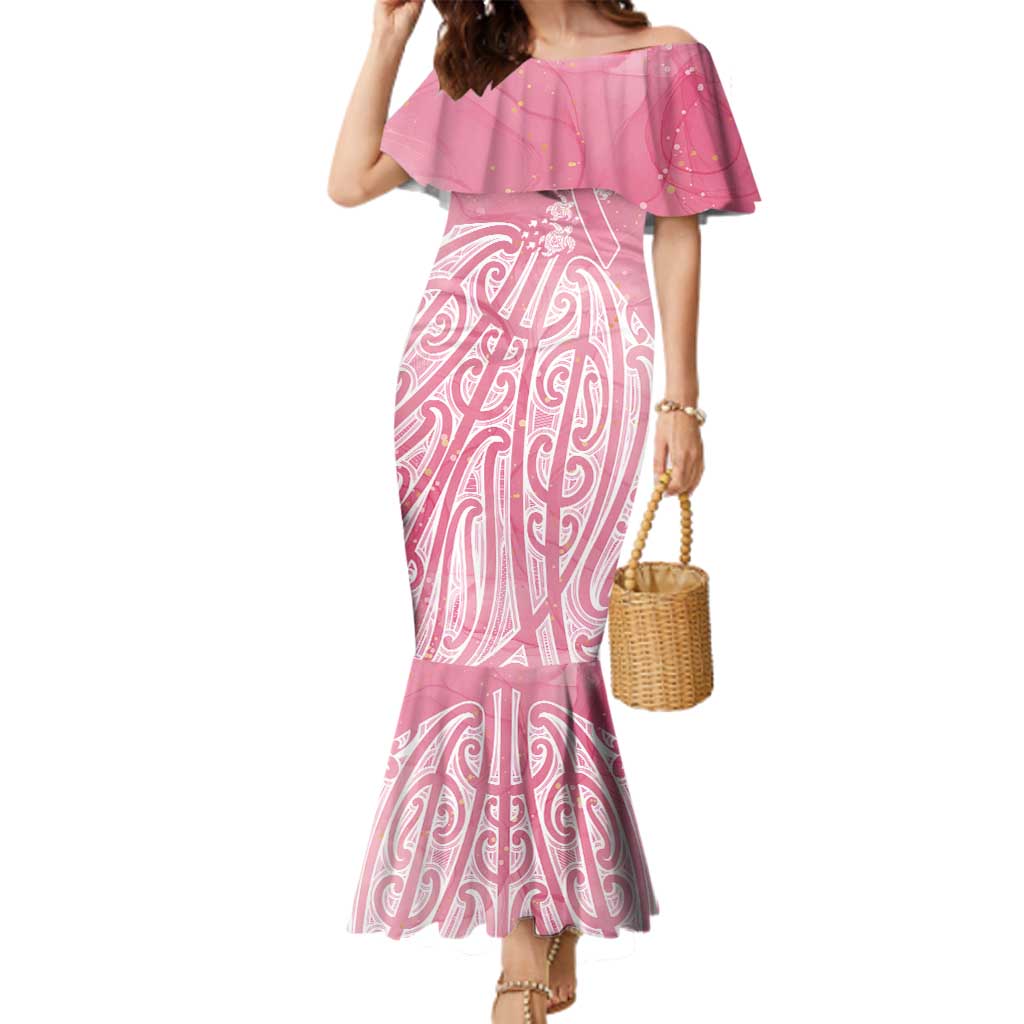 Breast Cancer Awareness Maori Family Matching Mermaid Dress and Hawaiian Shirt Kia Kaha Kia Maia Kia Manawanui LT7 Mom's Dress Pink - Polynesian Pride