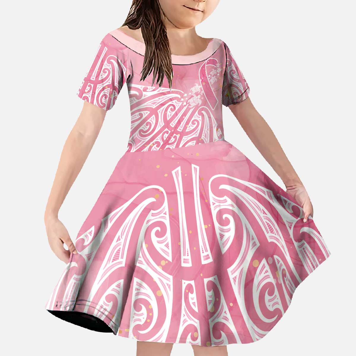 Breast Cancer Awareness Maori Family Matching Off The Shoulder Long Sleeve Dress and Hawaiian Shirt Kia Kaha Kia Maia Kia Manawanui LT7 Daughter's Dress Pink - Polynesian Pride