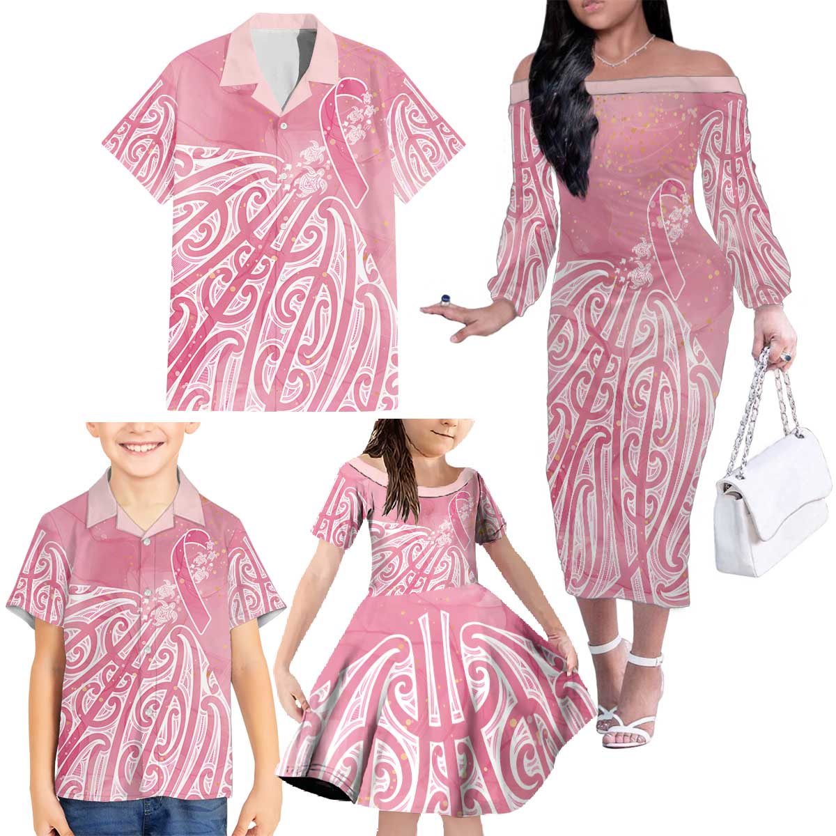 Breast Cancer Awareness Maori Family Matching Off The Shoulder Long Sleeve Dress and Hawaiian Shirt Kia Kaha Kia Maia Kia Manawanui LT7 - Polynesian Pride
