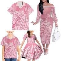 Breast Cancer Awareness Maori Family Matching Off The Shoulder Long Sleeve Dress and Hawaiian Shirt Kia Kaha Kia Maia Kia Manawanui LT7 - Polynesian Pride