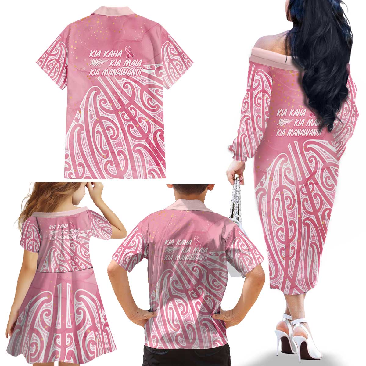 Breast Cancer Awareness Maori Family Matching Off The Shoulder Long Sleeve Dress and Hawaiian Shirt Kia Kaha Kia Maia Kia Manawanui LT7 - Polynesian Pride