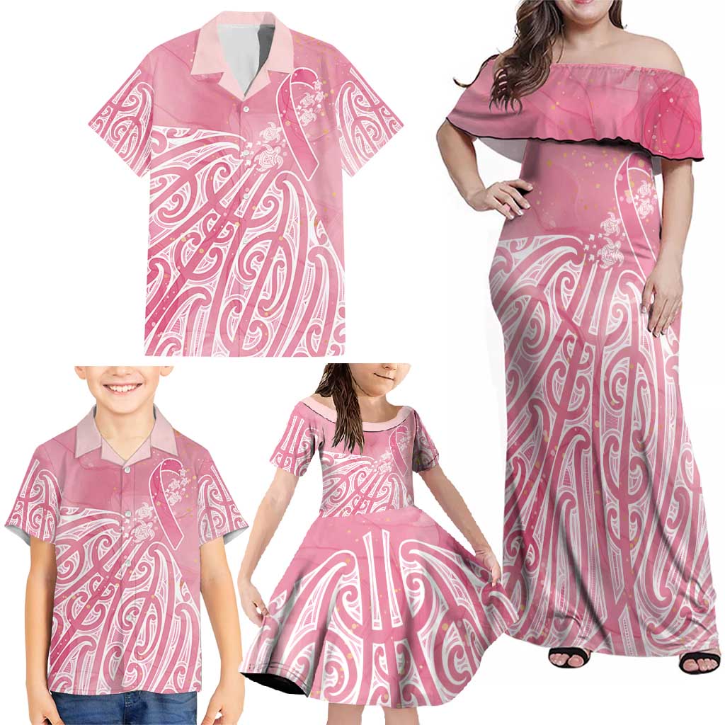 Breast Cancer Awareness Maori Family Matching Off Shoulder Maxi Dress and Hawaiian Shirt Kia Kaha Kia Maia Kia Manawanui - Polynesian Pride