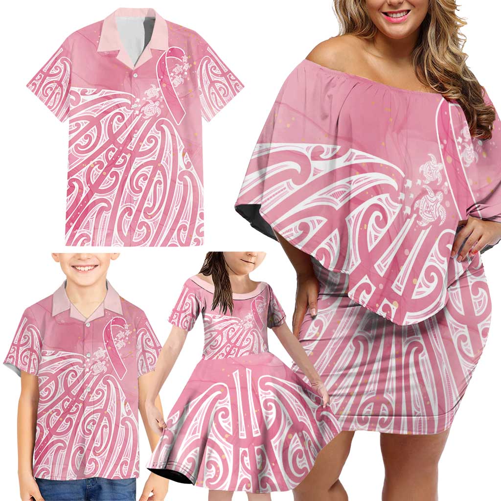 Breast Cancer Awareness Maori Family Matching Off Shoulder Short Dress and Hawaiian Shirt Kia Kaha Kia Maia Kia Manawanui - Polynesian Pride