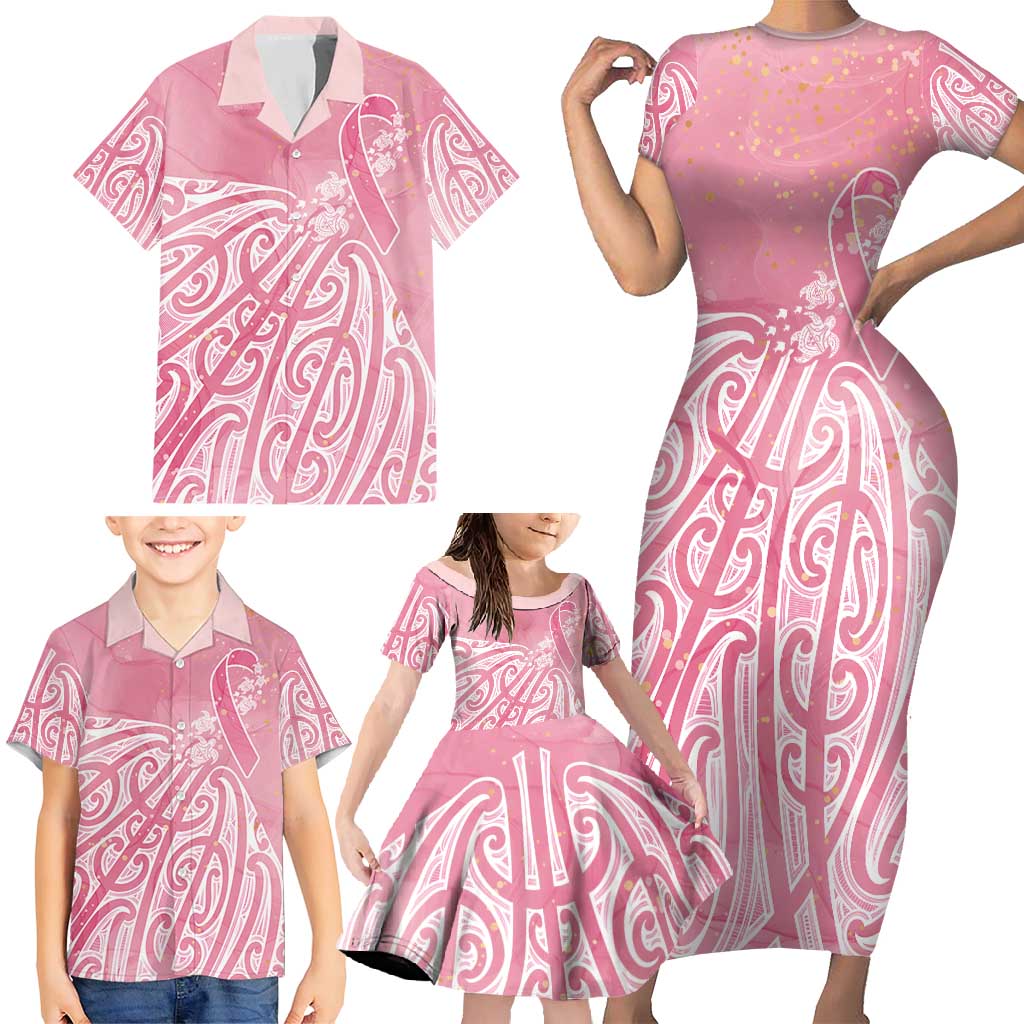 Breast Cancer Awareness Maori Family Matching Short Sleeve Bodycon Dress and Hawaiian Shirt Kia Kaha Kia Maia Kia Manawanui LT7 - Polynesian Pride
