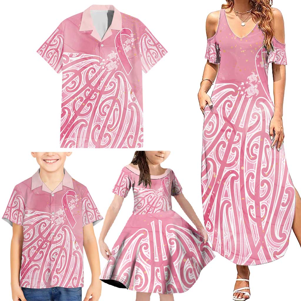 Breast Cancer Awareness Maori Family Matching Summer Maxi Dress and Hawaiian Shirt Kia Kaha Kia Maia Kia Manawanui LT7 - Polynesian Pride