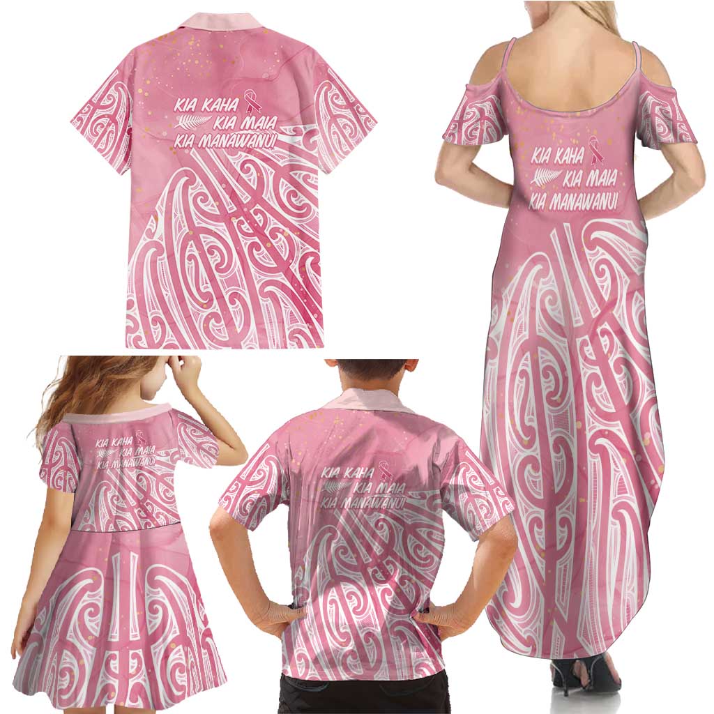 Breast Cancer Awareness Maori Family Matching Summer Maxi Dress and Hawaiian Shirt Kia Kaha Kia Maia Kia Manawanui LT7 - Polynesian Pride