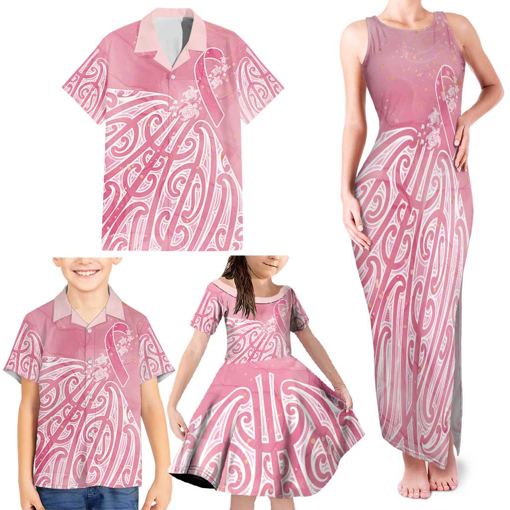 Breast Cancer Awareness Maori Family Matching Tank Maxi Dress and Hawaiian Shirt Kia Kaha Kia Maia Kia Manawanui LT7 - Polynesian Pride