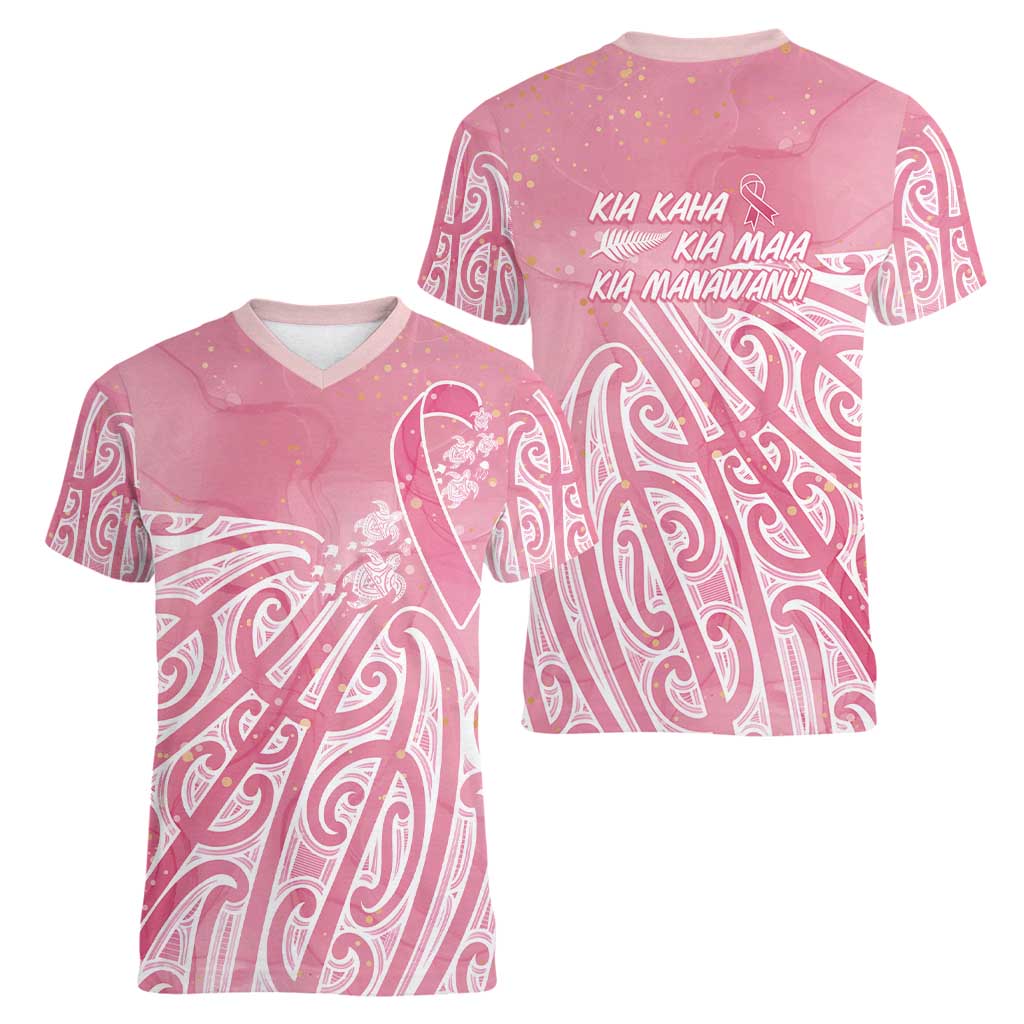 Breast Cancer Awareness Maori Women V-Neck T-Shirt Kia Kaha Kia Maia Kia Manawanui LT7 - Polynesian Pride