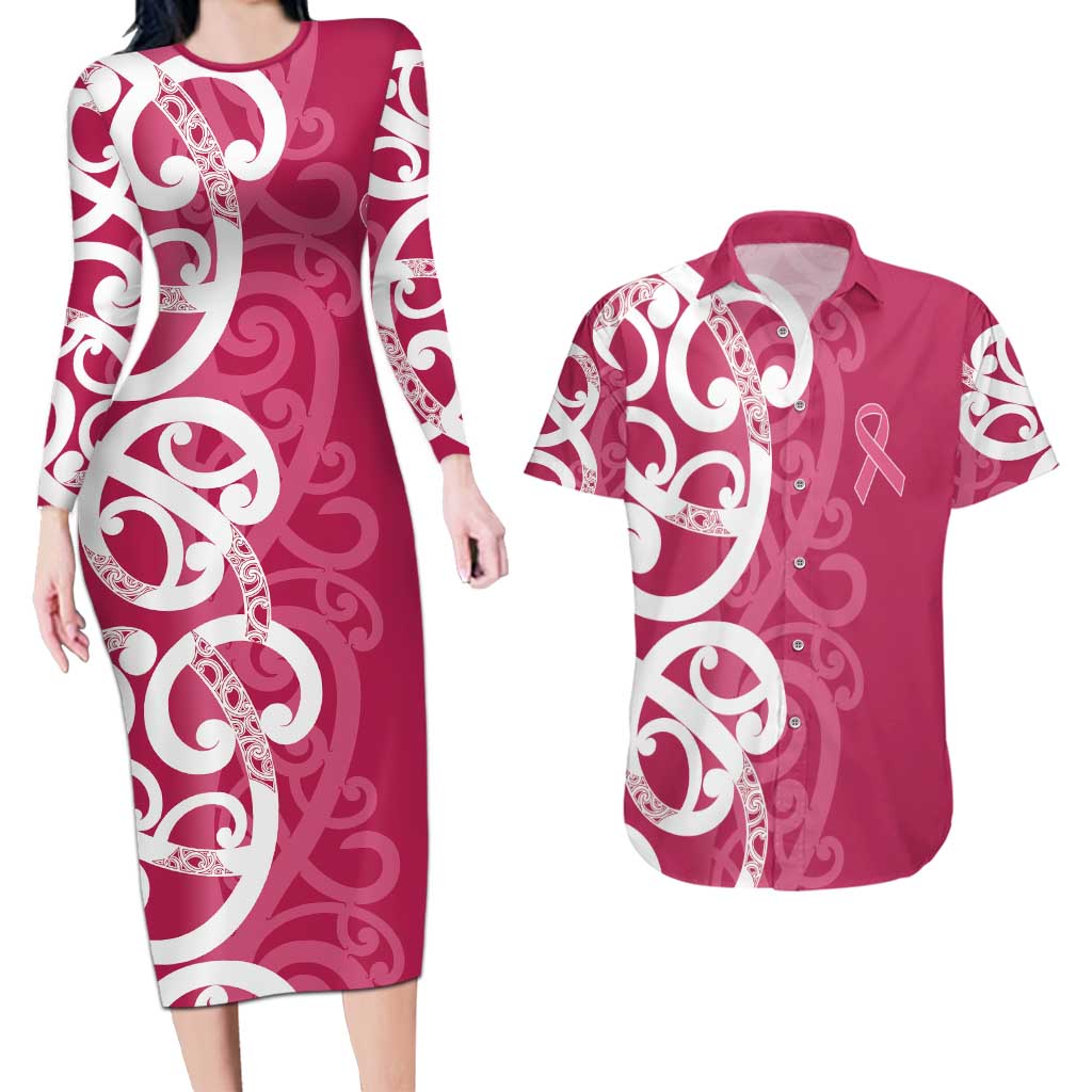 Breast Cancer Awareness Maori Couples Matching Long Sleeve Bodycon Dress and Hawaiian Shirt Koru Kowhaiwhai LT7 Pink - Polynesian Pride