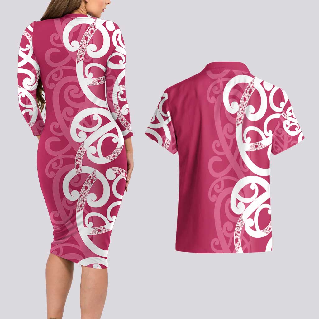 Breast Cancer Awareness Maori Couples Matching Long Sleeve Bodycon Dress and Hawaiian Shirt Koru Kowhaiwhai LT7 - Polynesian Pride