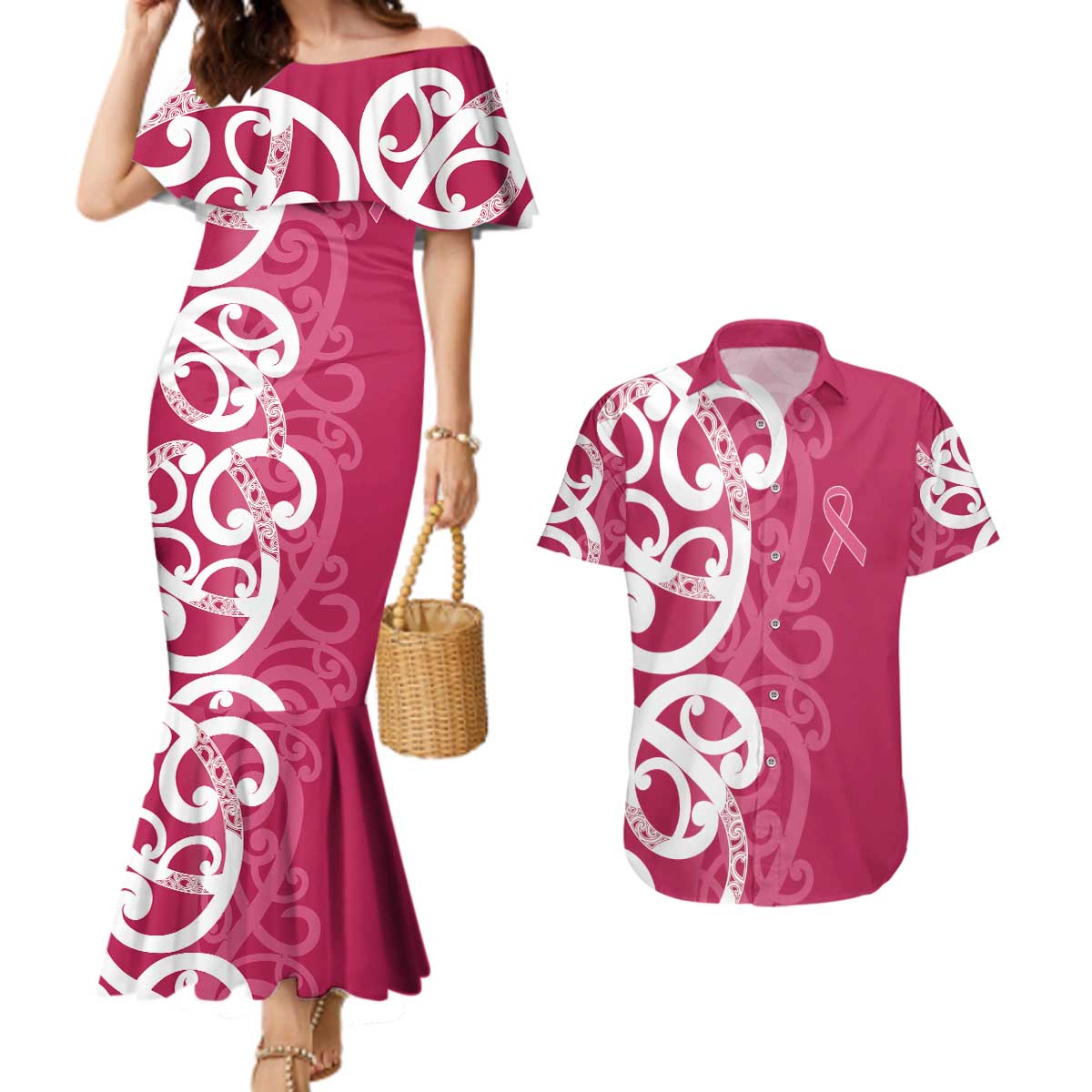 Breast Cancer Awareness Maori Couples Matching Mermaid Dress and Hawaiian Shirt Koru Kowhaiwhai LT7 Pink - Polynesian Pride