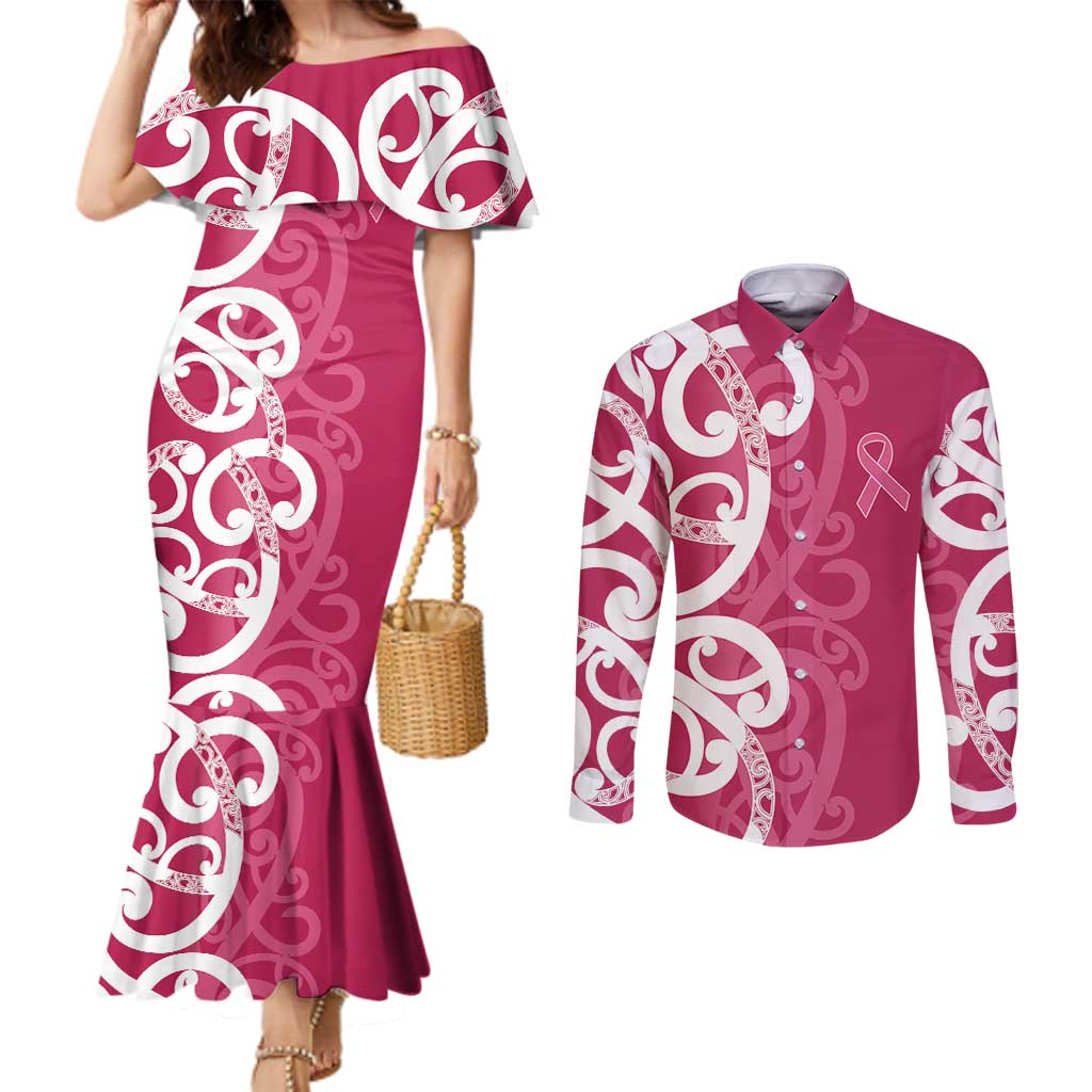 Breast Cancer Awareness Maori Couples Matching Mermaid Dress and Long Sleeve Button Shirt Koru Kowhaiwhai - Polynesian Pride