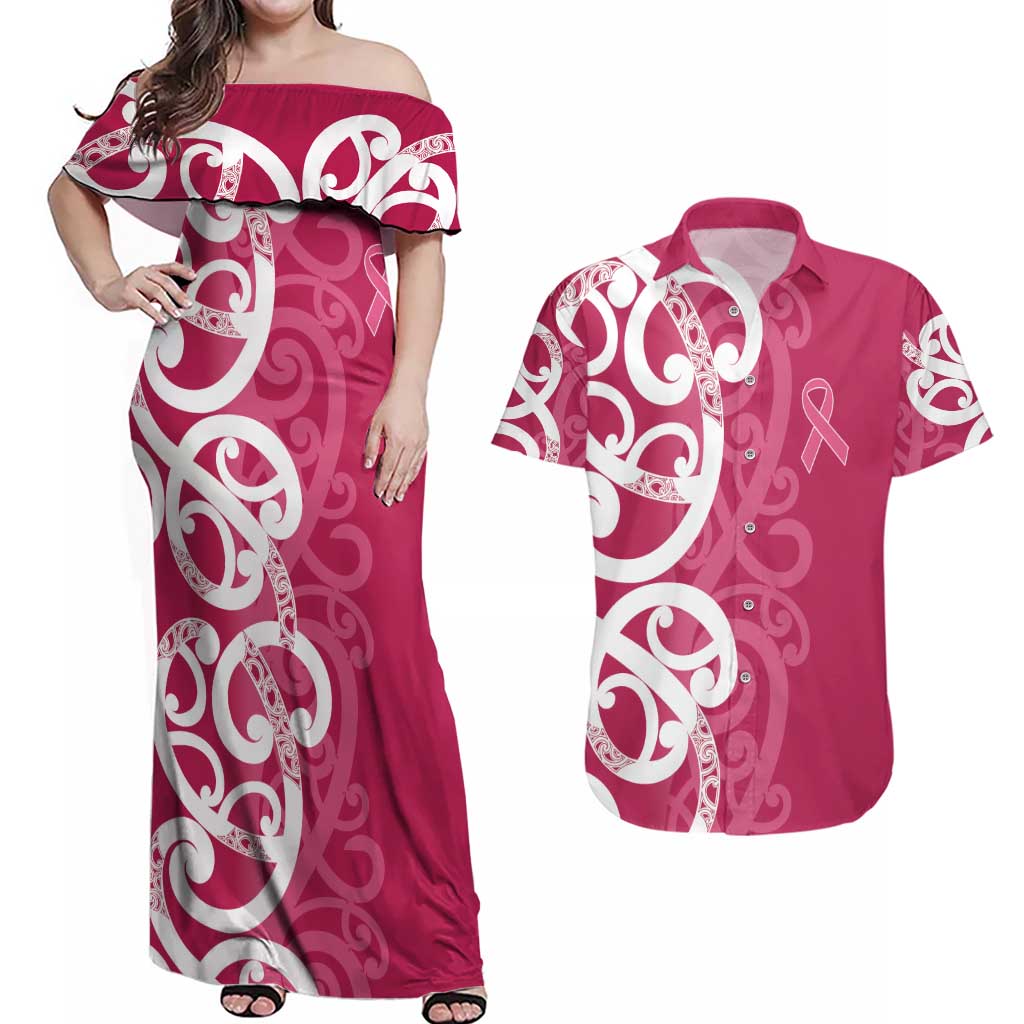 Breast Cancer Awareness Maori Couples Matching Off Shoulder Maxi Dress and Hawaiian Shirt Koru Kowhaiwhai LT7 Pink - Polynesian Pride