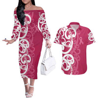 Breast Cancer Awareness Maori Couples Matching Off The Shoulder Long Sleeve Dress and Hawaiian Shirt Koru Kowhaiwhai LT7 Pink - Polynesian Pride